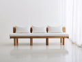 Sofás de exterior de madera con asiento acolchado 220x80x72 cm - Natural y blanco - Diseño moderno de perfil bajo