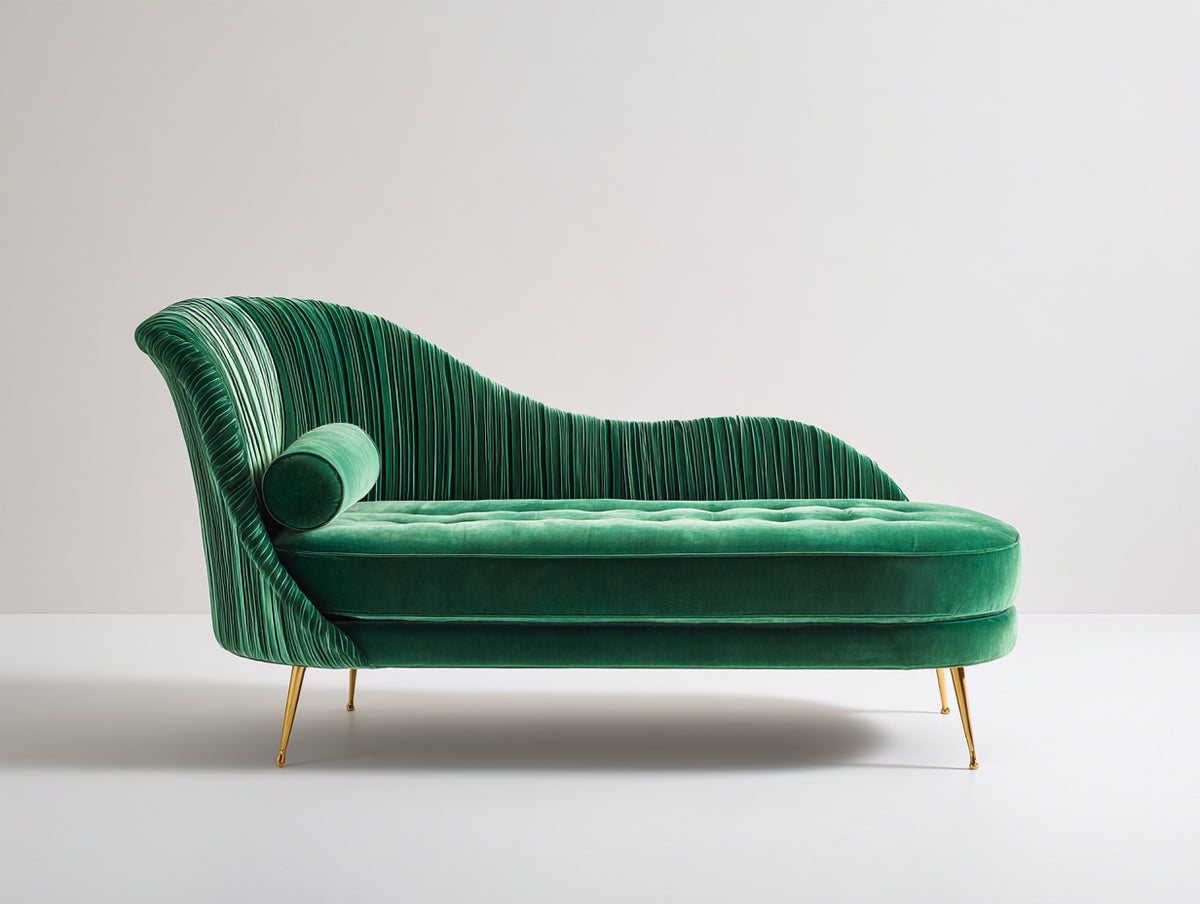 Chaise longue de terciopelo con asiento capitoné 190x80x90 cm - verde esmeralda y dorado - respaldo envolvente de diseño moderno