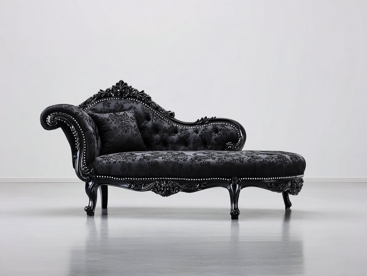 Chaise longue tapizada 190 x 78 x 100 cm - negro - diseño clásico con respaldo curvo y detalles ornamentales