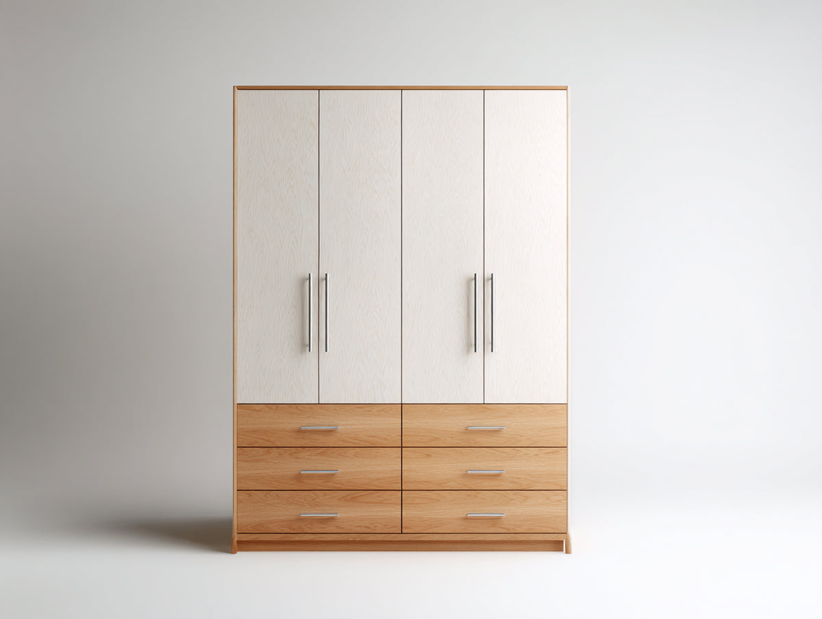 Armarios con 4 puertas y 6 cajones 160 x 55 x 200 cm - blanco y roble claro - almacenamiento moderno