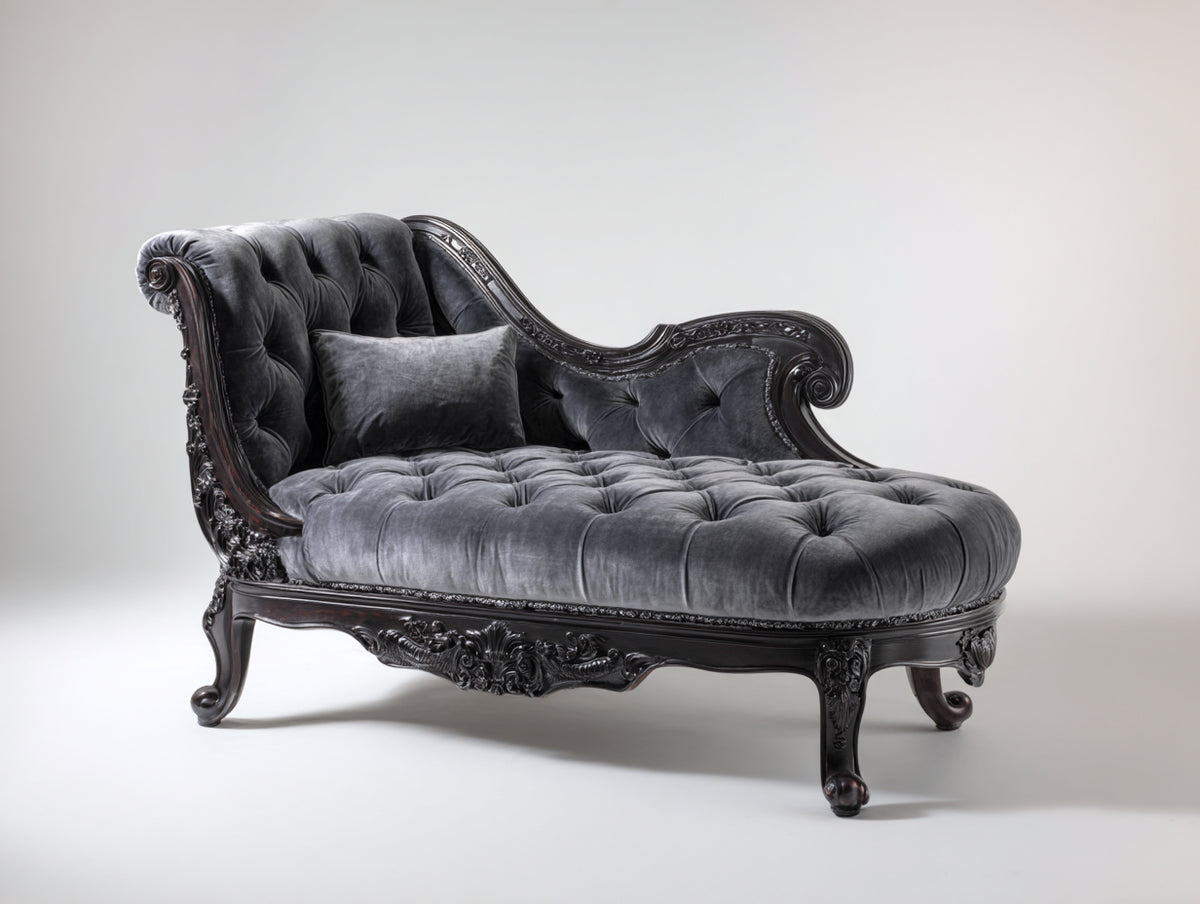 Chaise longue de terciopelo capitoné 185x85x95 cm - gris antracita y marrón oscuro - estructura de madera tallada estilo clásico