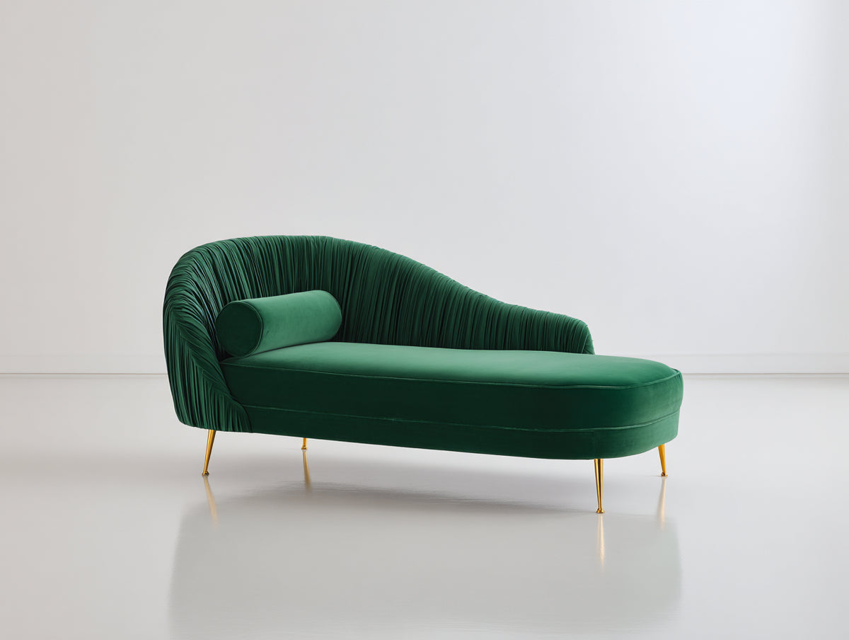 Chaise longue de terciopelo 190x80x85 cm - verde esmeralda y dorado - diseño moderno con respaldo curvo