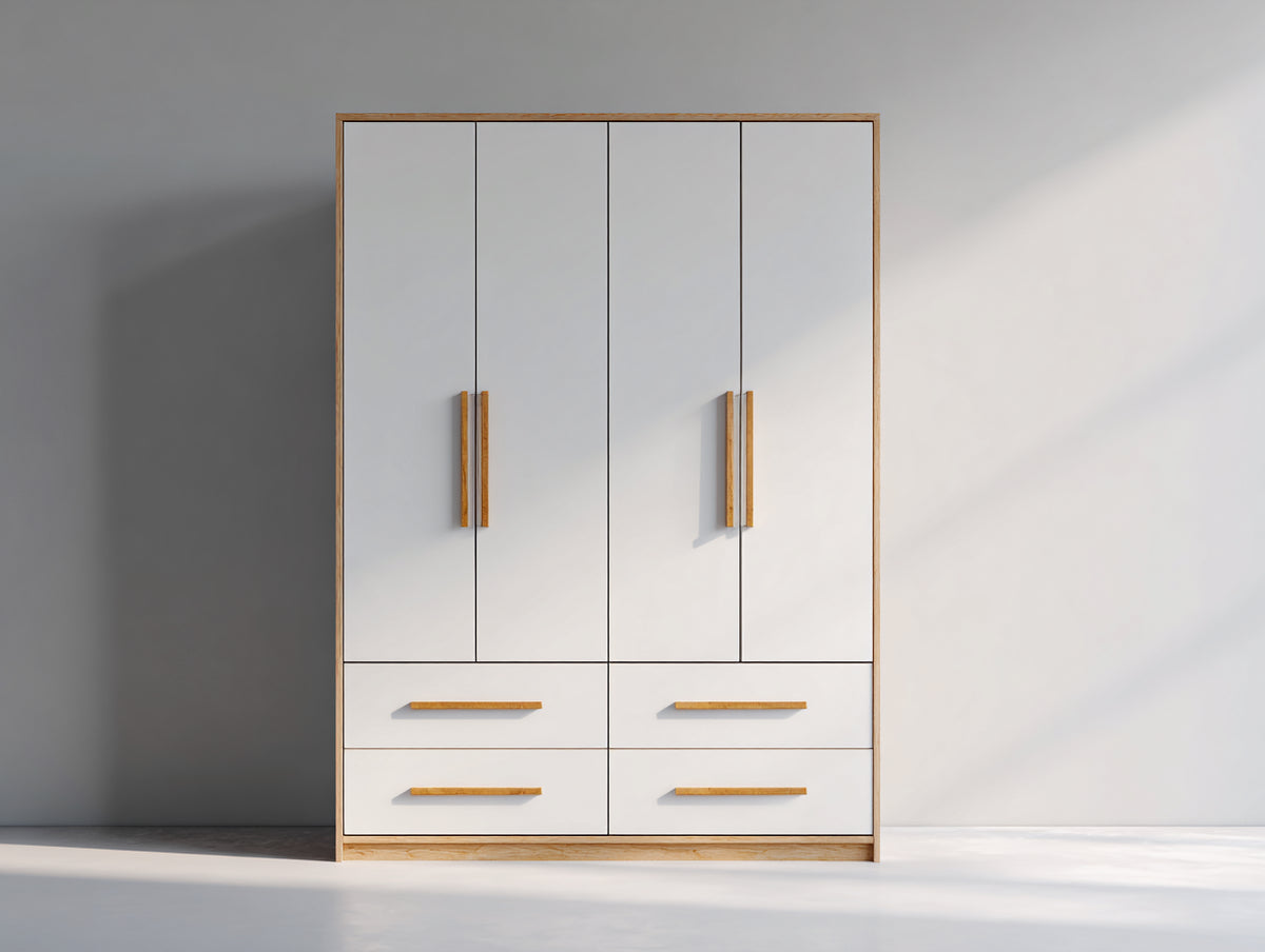 Armarios con 4 puertas y 4 cajones 150 x 55 x 195 cm - blanco y madera natural - diseño moderno de almacenamiento