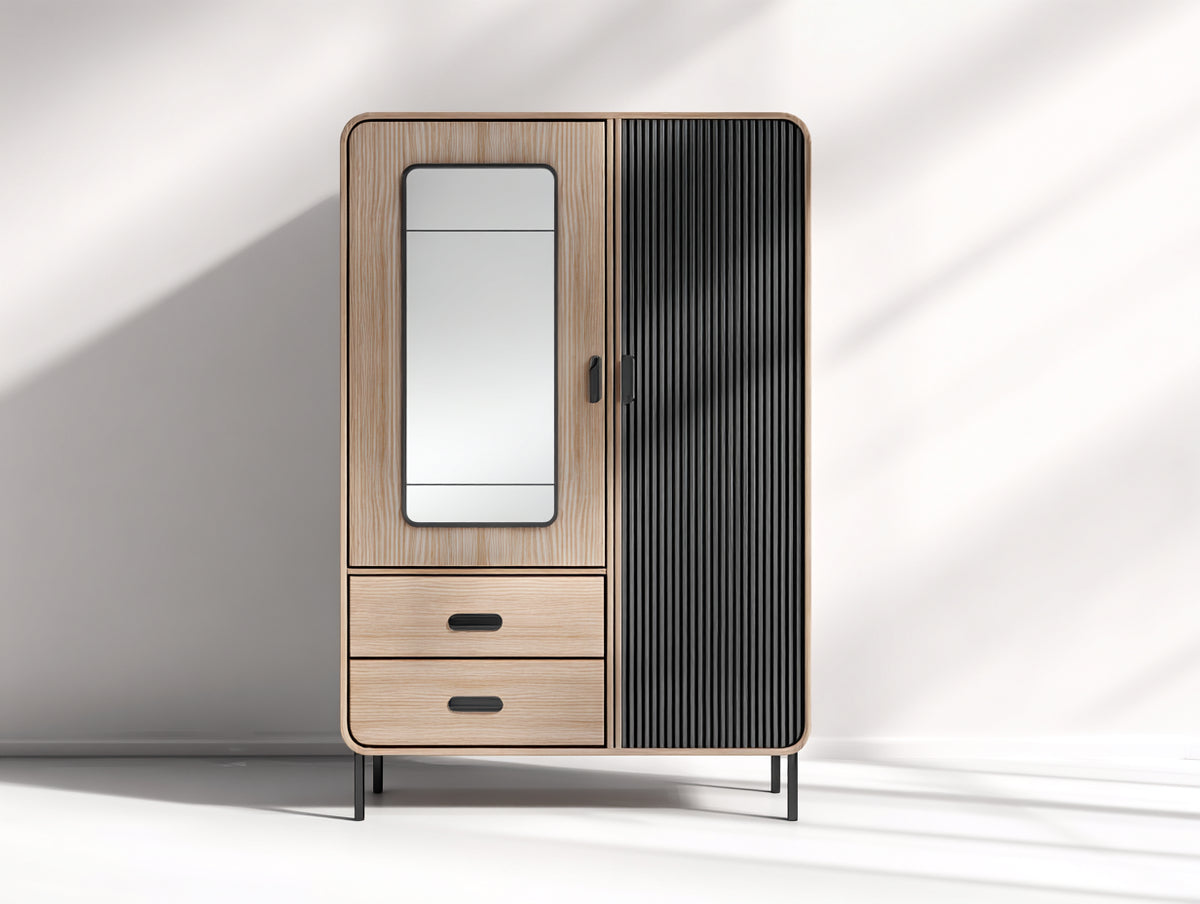 Armarios de 2 puertas con espejo y 2 cajones 120x55x190 cm - madera natural y negro - diseño moderno