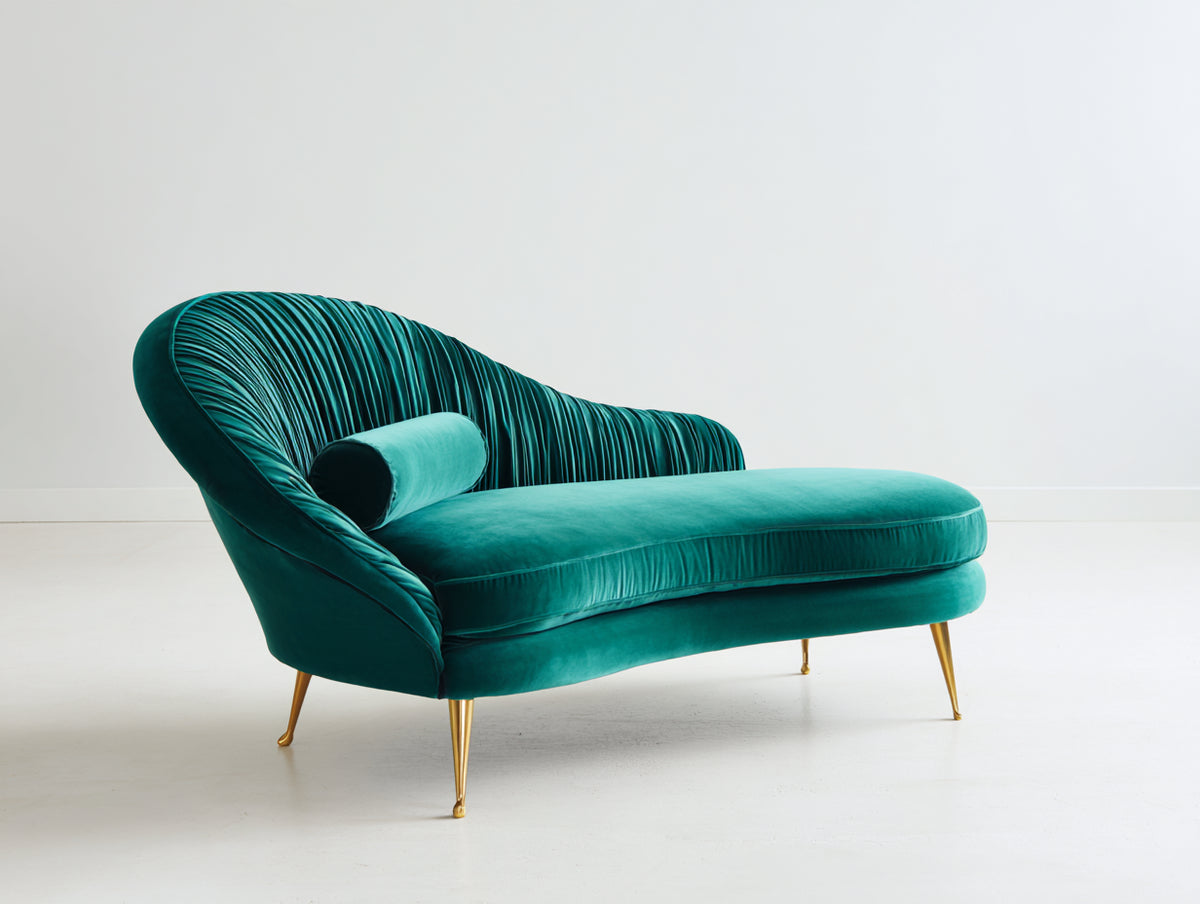 Chaise longue tapizada en terciopelo 180x85x90 cm - Verde turquesa y dorado - Diseño moderno curvo