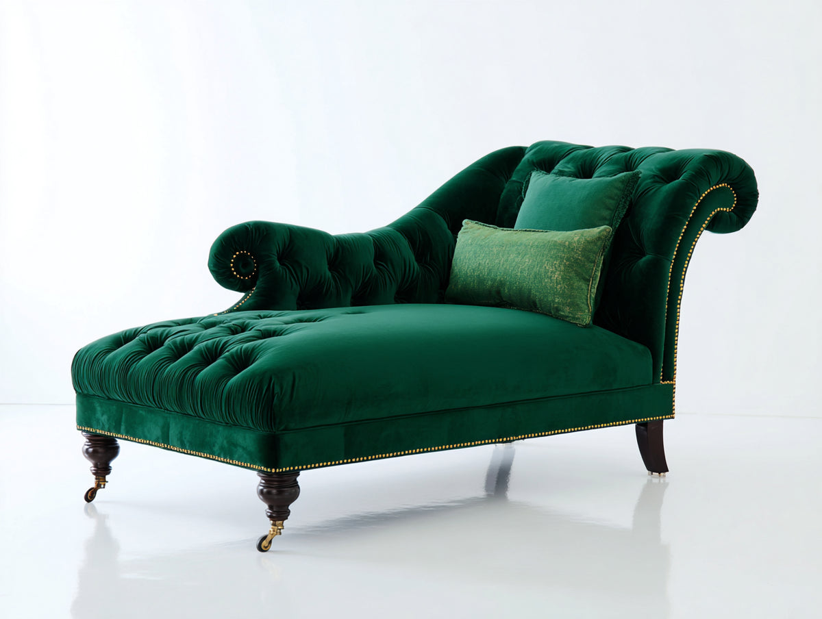 Chaise longue de terciopelo capitoné 185x85x95 cm - verde esmeralda y dorado - diseño clásico con respaldo curvo