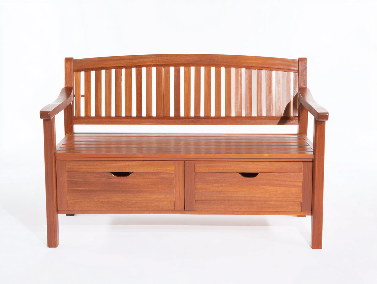 Bancos de jardín de madera maciza con 2 cajones de almacenamiento 150x60x90 cm - marrón rojizo - respaldo curvo con reposabrazos