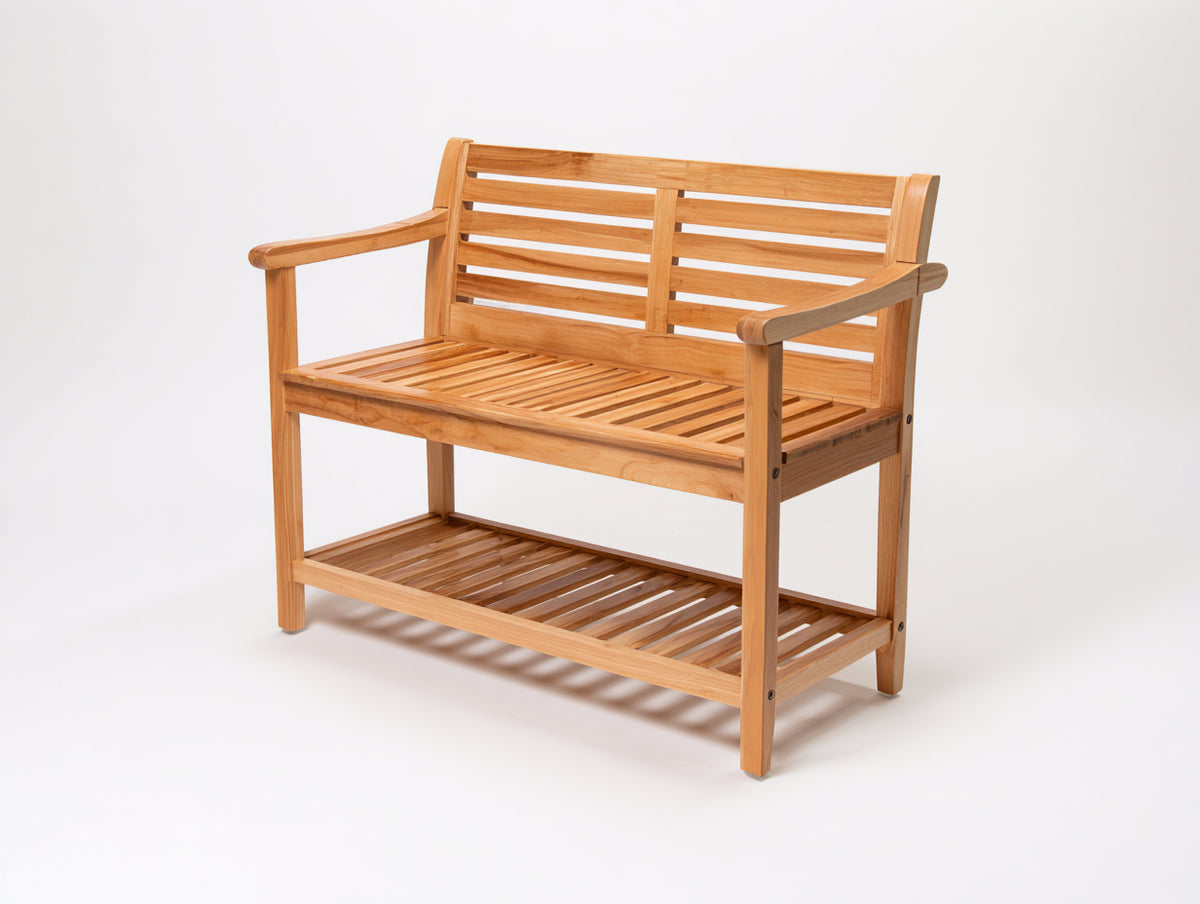 Bancos de jardín de madera maciza con estante inferior 120x60x90 cm - marrón natural - diseño de listones con reposabrazos