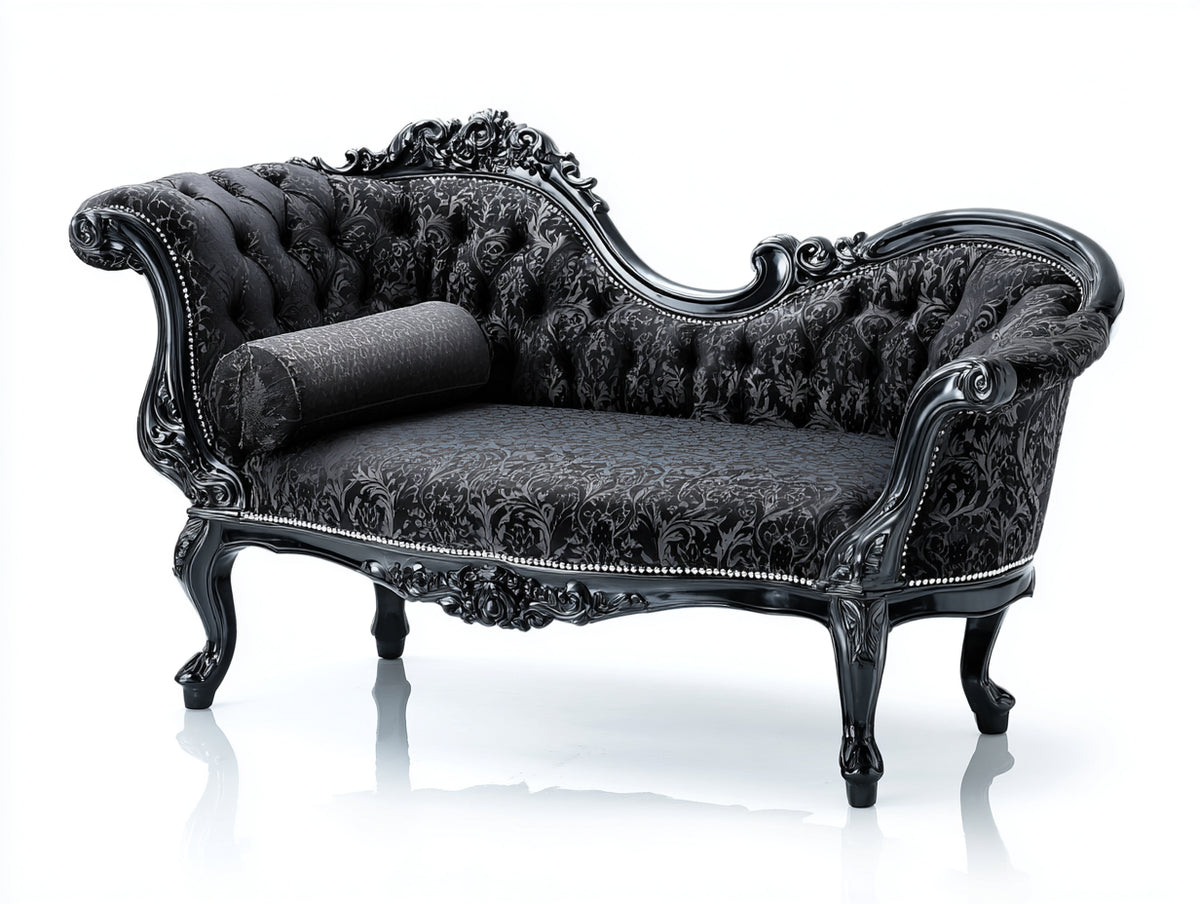 Chaise longue tapizada 175 x 82 x 98 cm - negro - diseño clásico con respaldo curvo y detalles ornamentales