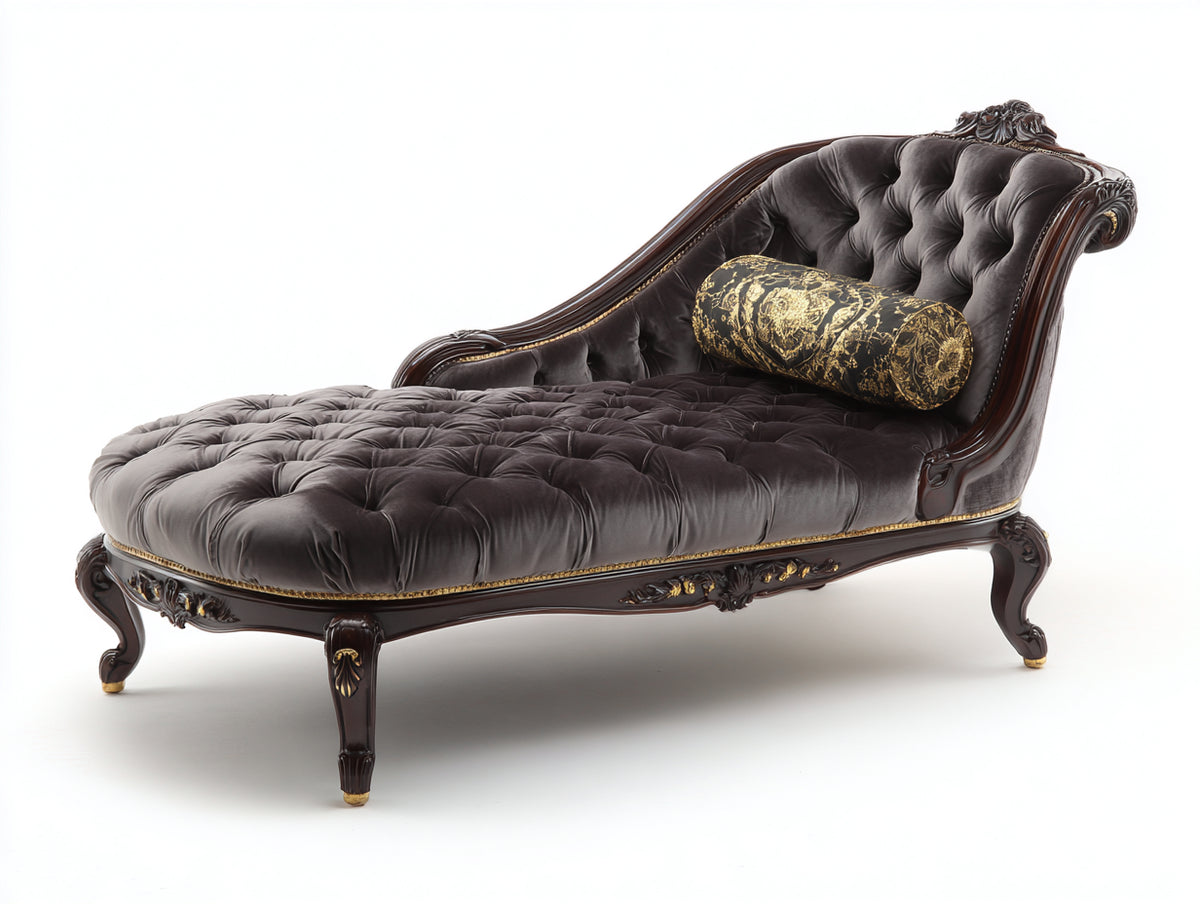 Chaise longue de terciopelo capitoné 190x75x95 cm - gris oscuro y marrón - estructura de madera tallada estilo clásico