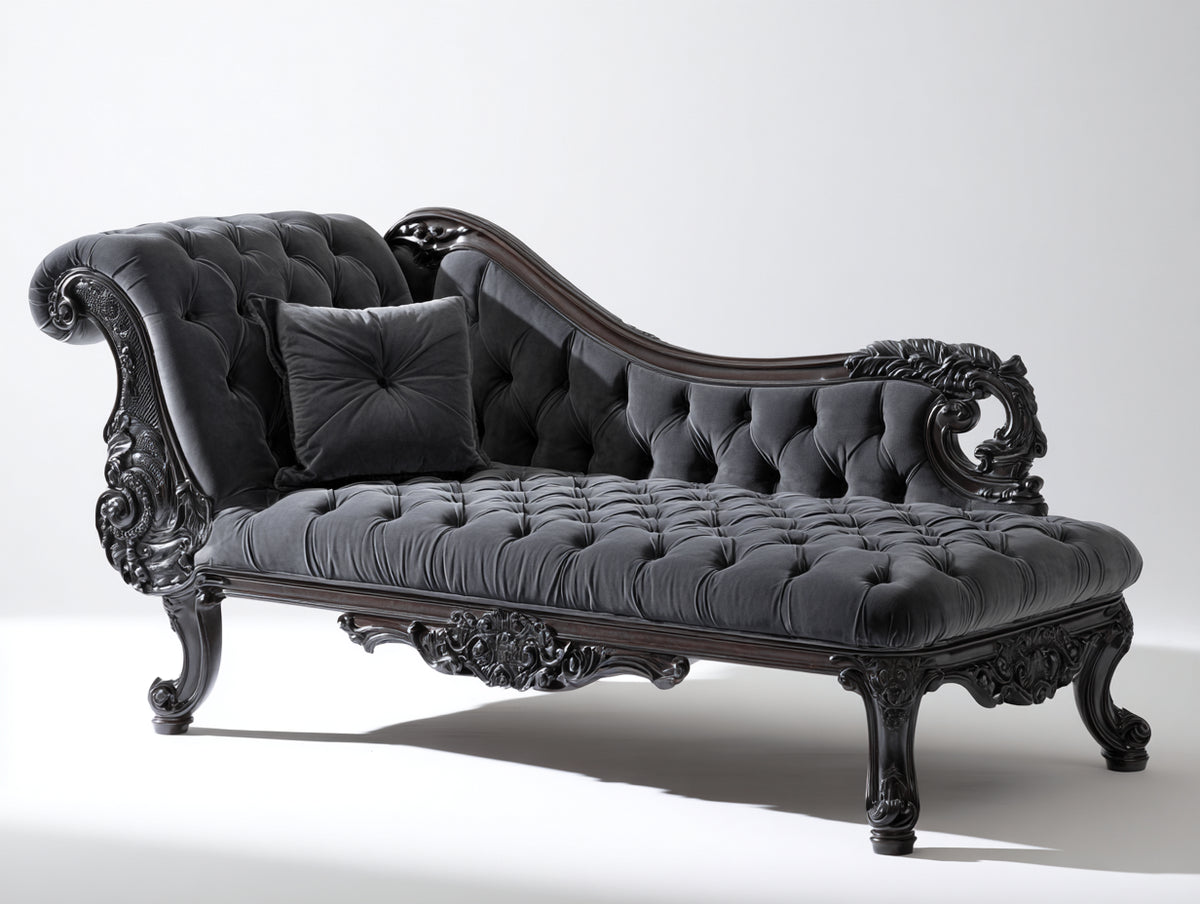 Chaise longue tapizada 195 x 88 x 98 cm - gris oscuro y madera oscura - diseño clásico con capitoné y estructura ornamentada