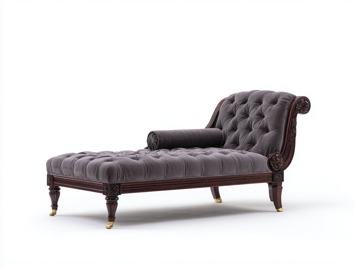 Chaise longue tapizada 185 x 82 x 96 cm - gris oscuro y madera oscura - diseño clásico con capitoné y respaldo elevado