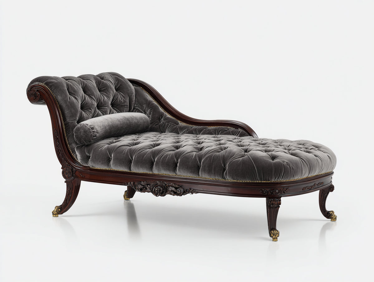 Chaise longue tapizada 190 x 85 x 92 cm - gris oscuro y madera oscura - diseño clásico con capitoné y estructura ornamentada