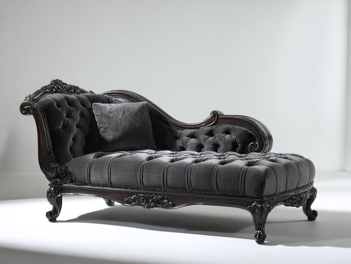Chaise longue tapizada con estructura de madera 190x85x100 cm - Gris oscuro y nogal oscuro - Estilo clásico capitoné