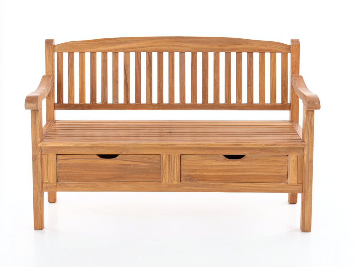 Bancos de jardín de madera maciza con 2 cajones 120x60x90 cm - Natural - Asiento de listones y almacenaje integrado